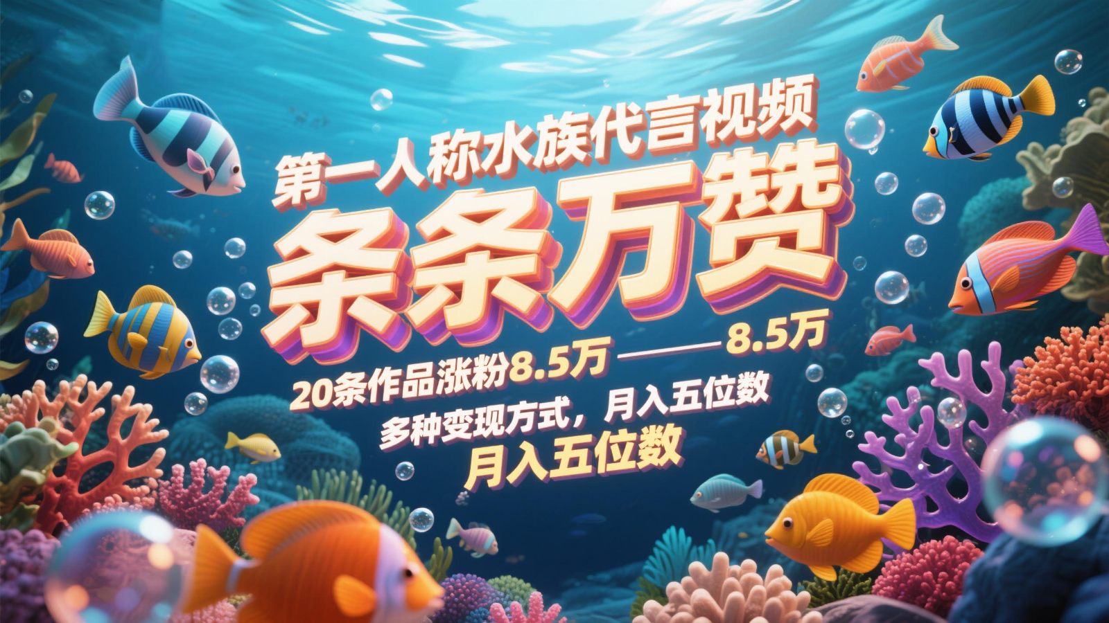 第一人称水族代言视频，条条万赞，20条作品涨粉8.5万，多种变现方式月，入五位数优优云网创-专注分享网络创业项目落地实操课程 – 全网首发_高质量创业项目输出优优云网创