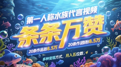 第一人称水族代言视频，条条万赞，20条作品涨粉7.8W，多种变现方式月入五位数优优云网创-专注分享网络创业项目落地实操课程 – 全网首发_高质量创业项目输出优优云网创